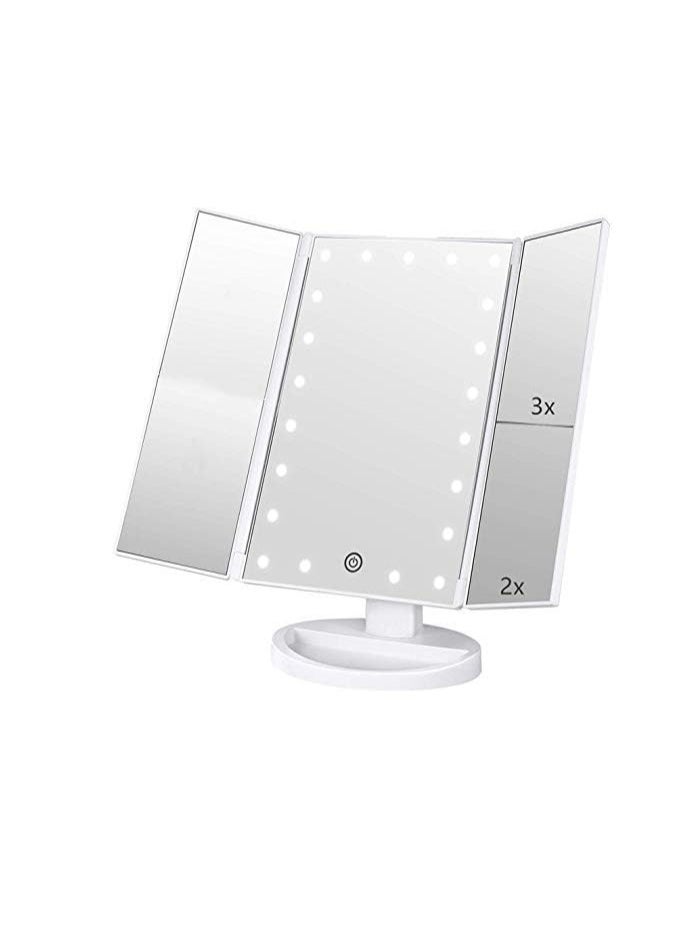 Fly Tri-fold Lighted Vanity Makeup Mirror with 3x/2x Magnification,21 LEDs Light and Touch Screen,180 Degree Free Rotation Countertop Cosmetic Mirror,Travel (White)  - Image 1