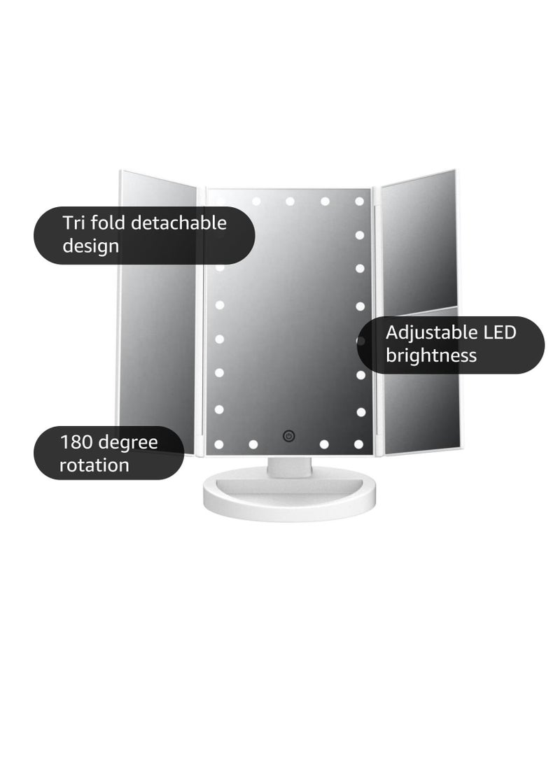 Fly Tri-fold Lighted Vanity Makeup Mirror with 3x/2x Magnification,21 LEDs Light and Touch Screen,180 Degree Free Rotation Countertop Cosmetic Mirror,Travel (White)  - Image 3