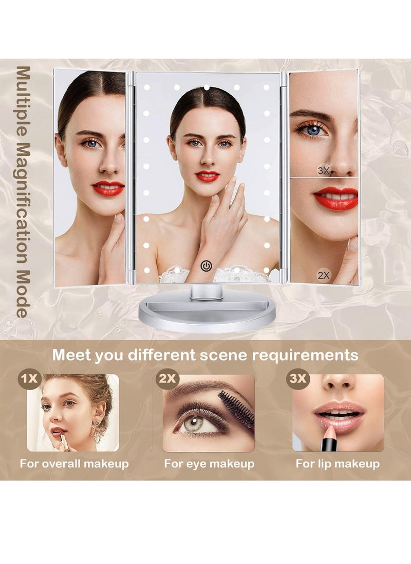 Fly Tri-fold Lighted Vanity Makeup Mirror with 3x/2x Magnification,21 LEDs Light and Touch Screen,180 Degree Free Rotation Countertop Cosmetic Mirror,Travel (White)  - Image 4