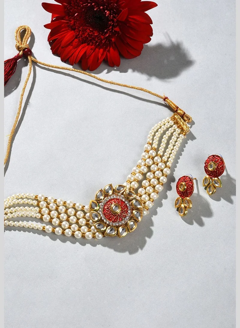 SOHI Gold Plated Kundan Pearl Necklace and Earrings Set
