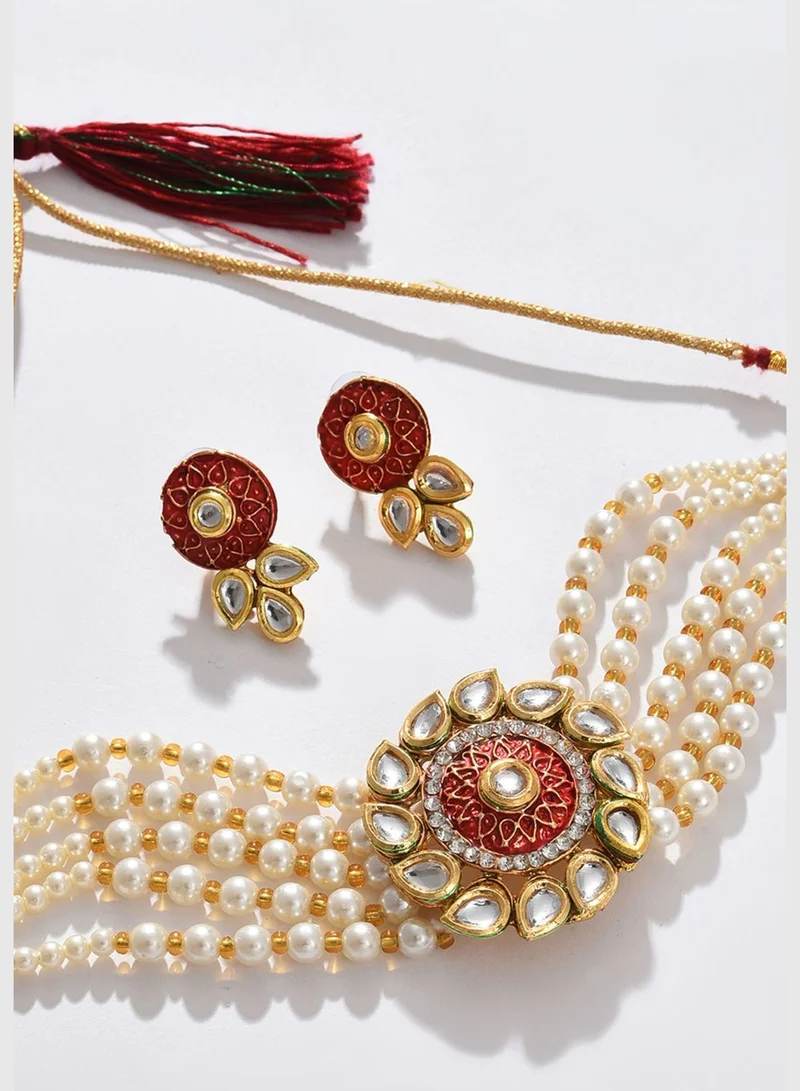 SOHI Gold Plated Kundan Pearl Necklace and Earrings Set