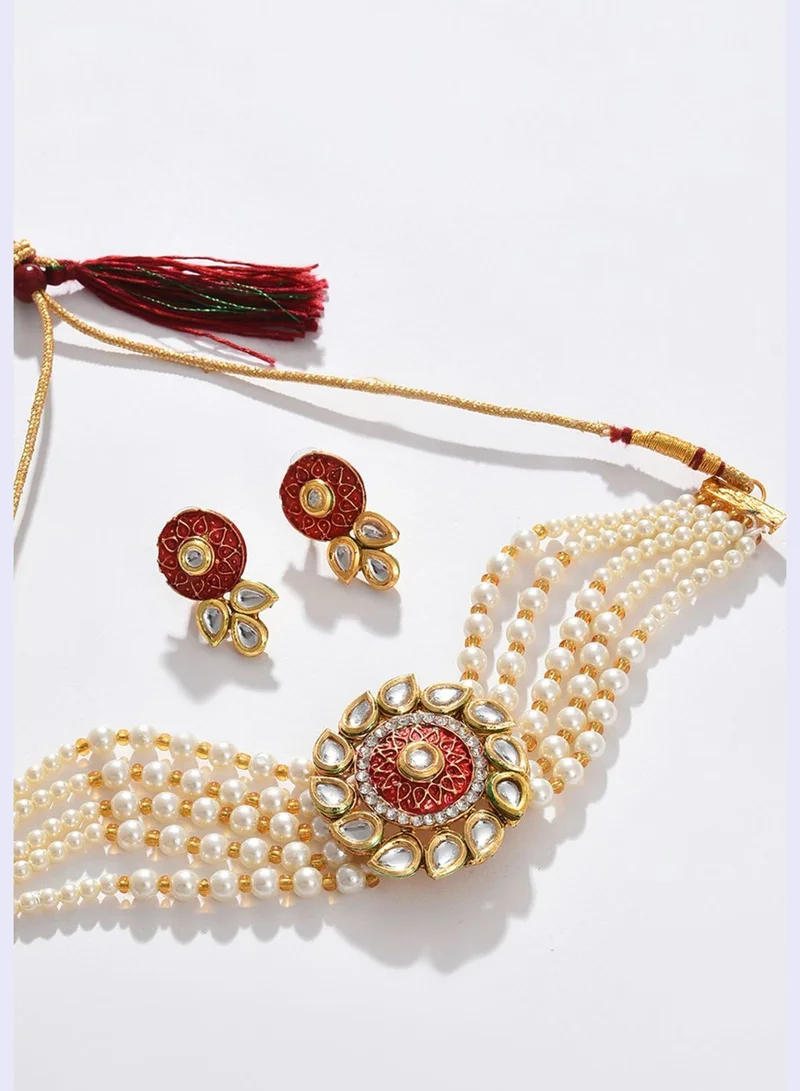 SOHI Gold Plated Kundan Pearl Necklace and Earrings Set