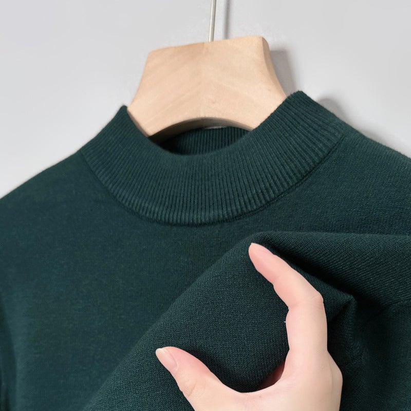 9 colors optional] semi-high collar solid color sweater mens round neck sweater casual fashion base shirt young and middle-aged simple half high collar dark green
