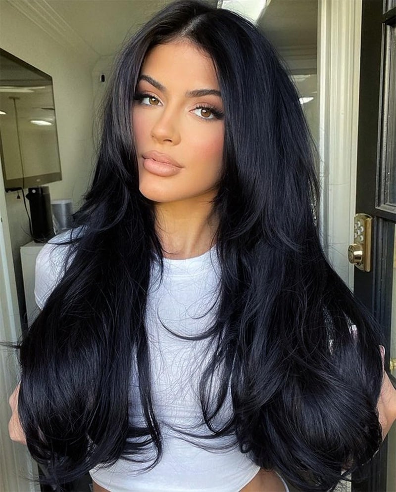 Joedir 28 Long Straight 13x4 Lace Frontal Wigs for Black Women Free Part Lace Front Wigs with Baby Hair Natural Hairline Black Root Easy360 Synthetic Hair Wig Heat Resistant Fiber Jet Black