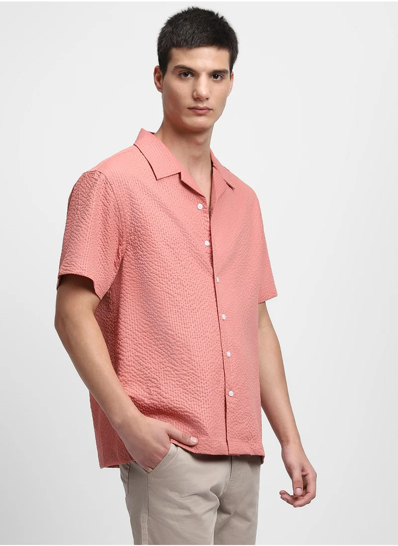Dennis Lingo Regular Fit Orange Shirt for Men - 62% Polyester, 33% Viscose, 5% Lycra, Textured, Cuban Collar, Half Sleeves, Casual Look,
