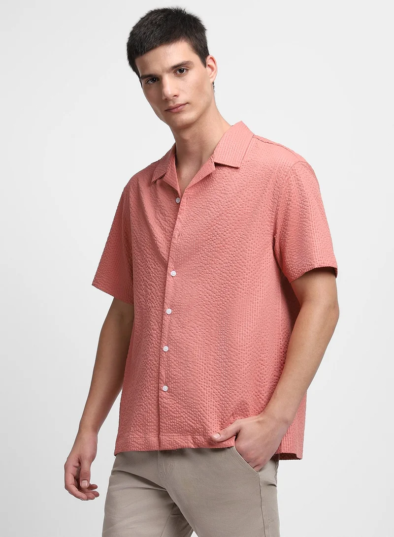 Dennis Lingo Men's Orange Polyester Blend Textured Regular FiT-Shirt