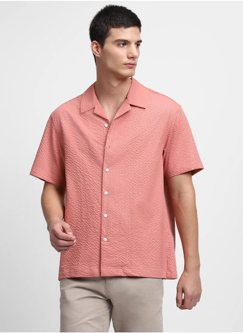 Dennis Lingo Regular Fit Orange Shirt for Men - 62% Polyester, 33% Viscose, 5% Lycra, Textured, Cuban Collar, Half Sleeves, Casual Look,