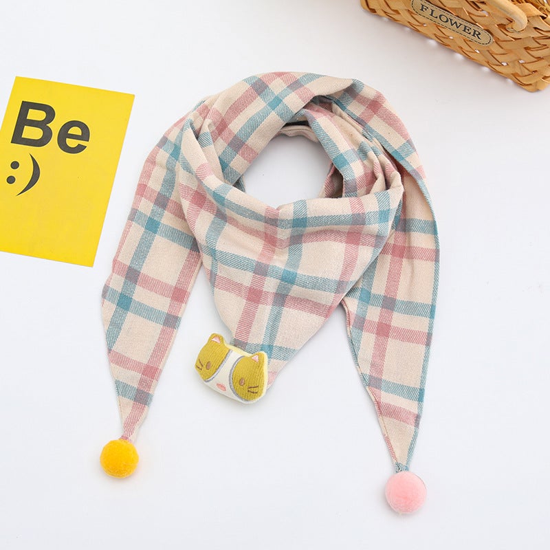 Korean Style Cotton Linen Kids Bandana Scarf 2021 Cartoon Tian Plaid Blue Powder