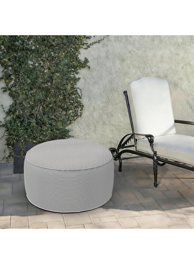 Ottoman Pouf D31 x H14 Inch, Round Footstool with Handle, Weather-Resistant Portable Furniture for Patio, Camping, Beach, Strip Grey - Image 2