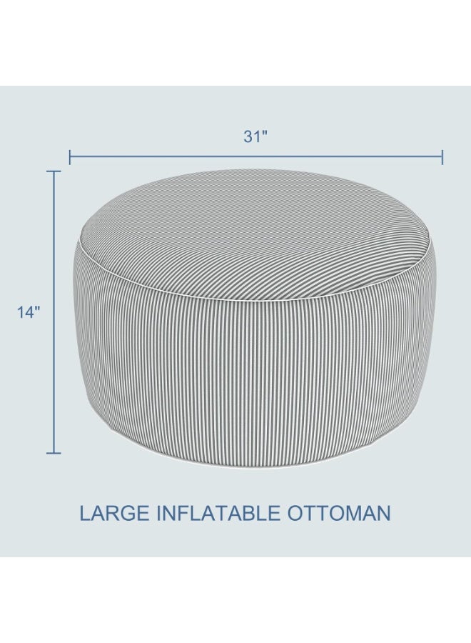 Ottoman Pouf D31 x H14 Inch, Round Footstool with Handle, Weather-Resistant Portable Furniture for Patio, Camping, Beach, Strip Grey - Image 3
