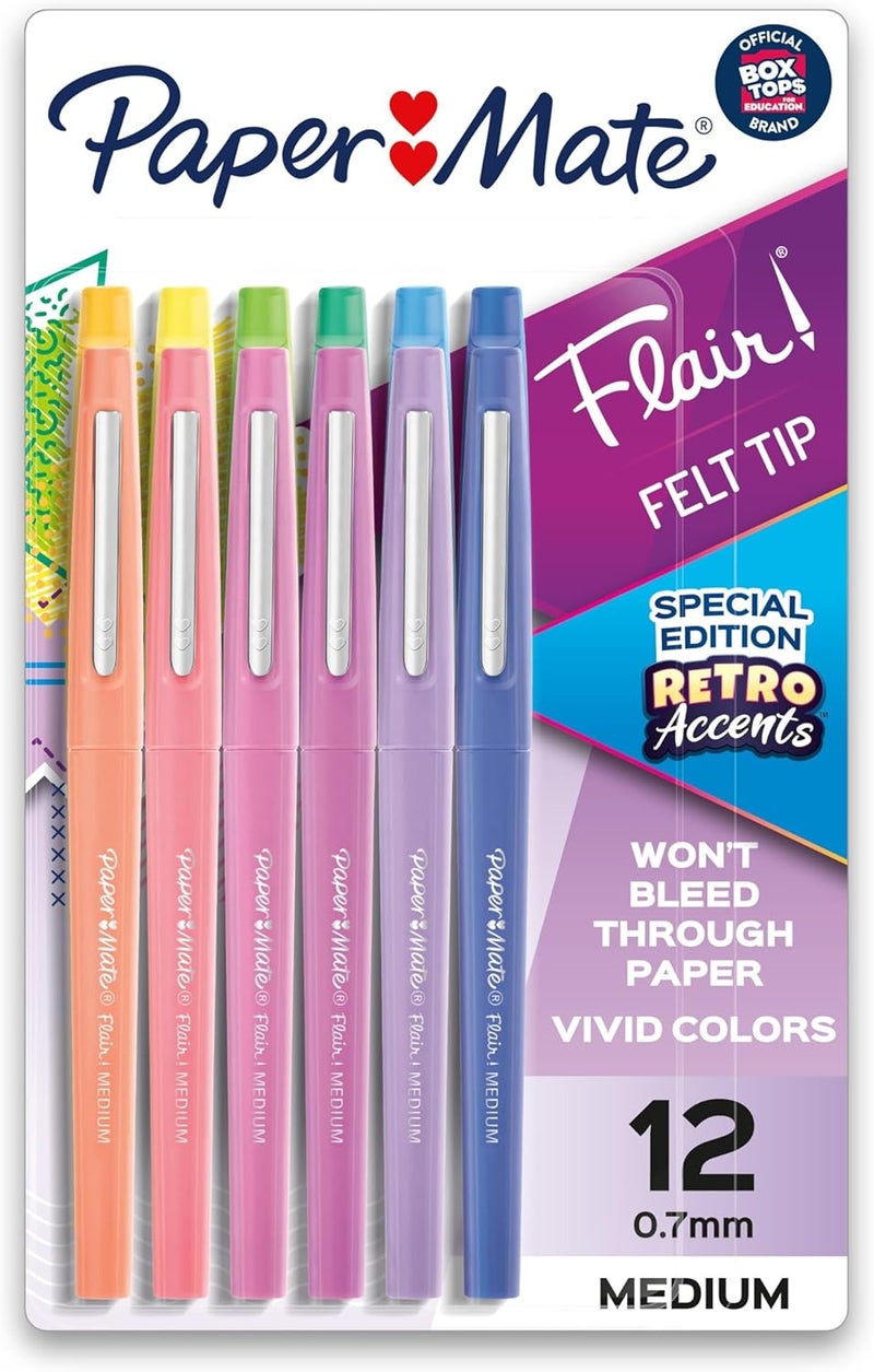 Papermate Flair Felt Tip Pens Medium Point (0.7mm) Assorted Special Edition Retro Accents 12 Count - Image 1