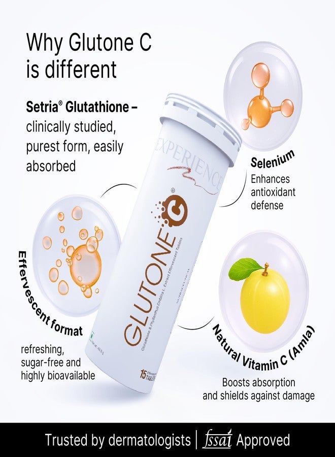 Glutone C Glutathione & Vitamin C Effervescent Tablets| Made with Setria L-Glutathione, Amla extract & Selenium| Even Tone & Glowing Skin| Pack of 15 Tablets (Pack of 2) - Image 4