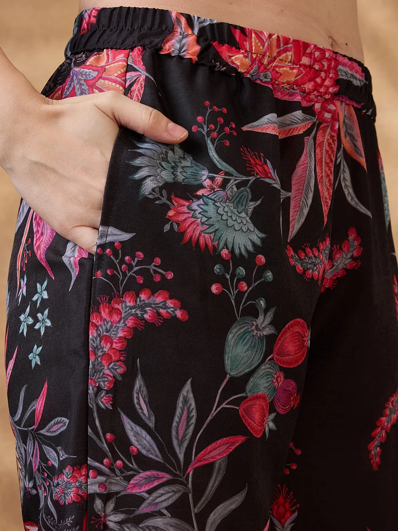 globus Women Black Mandarin Collar Floral Print Button Down Front Slit Straight Kurta With Pants Fusion Set