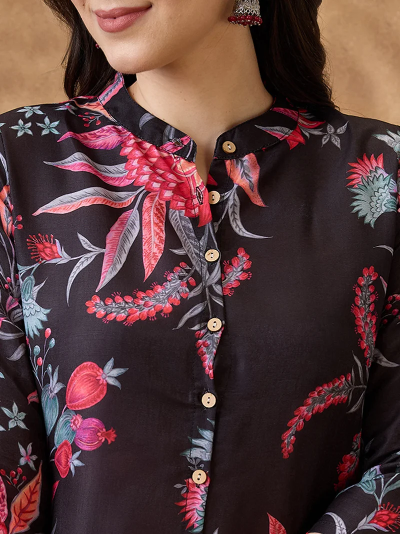 globus Women Black Mandarin Collar Floral Print Button Down Front Slit Straight Kurta With Pants Fusion Set
