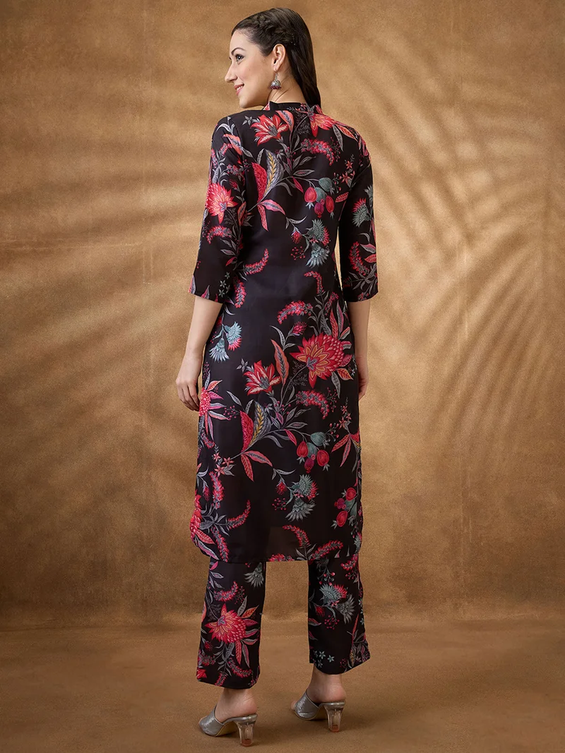 globus Women Black Mandarin Collar Floral Print Button Down Front Slit Straight Kurta With Pants Fusion Set