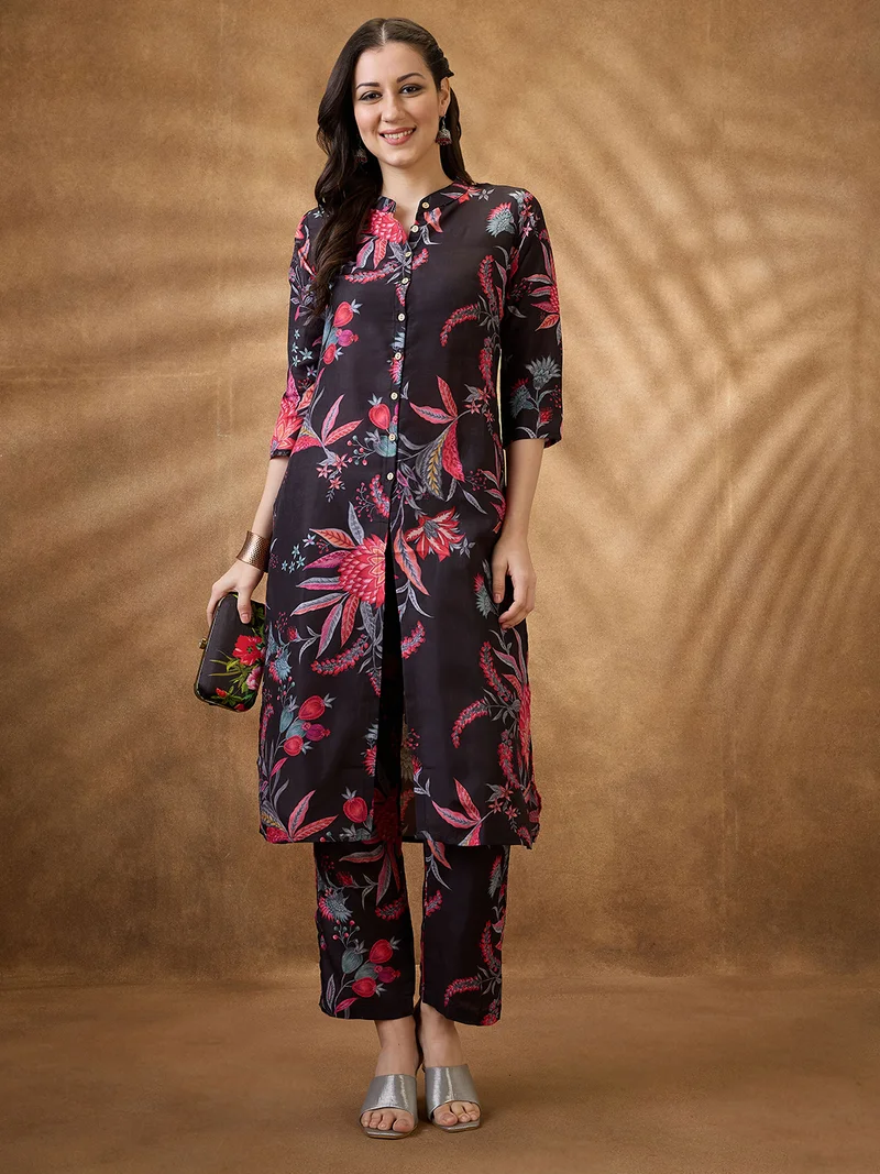 globus Women Black Mandarin Collar Floral Print Button Down Front Slit Straight Kurta With Pants Fusion Set