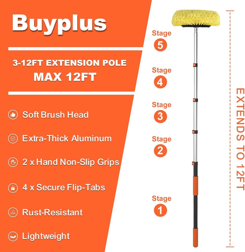 BUYPLUS 12FT Car Wash Brush with Long Handle, 12-Inch Soft Bristle, with Aluminium Telescoping Pole, for Cleaning Car, SUV, RV, Boats, House Siding, Floors, Solar Panels, and More - Image 2