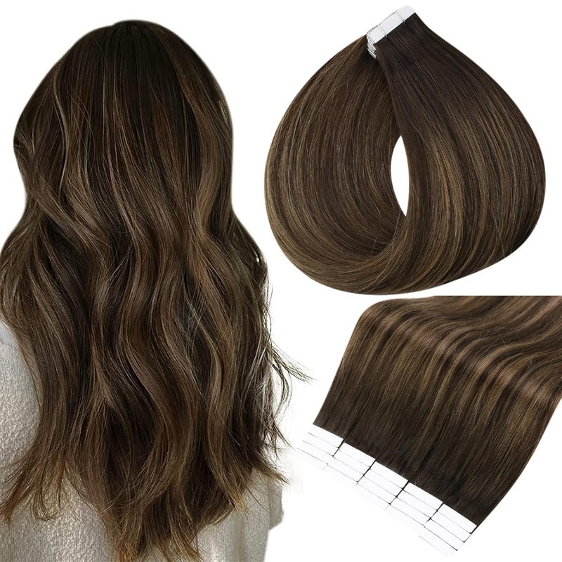 Full Shine Tape in Hair Extensions Invisible Human Hair Pieces Skin Weft 12Inch Glue in Remy Hair Extensions Double Sided Extension Tape 20Pcs 30Gram Darkest Brown Fading to Ash Brown and Brown
