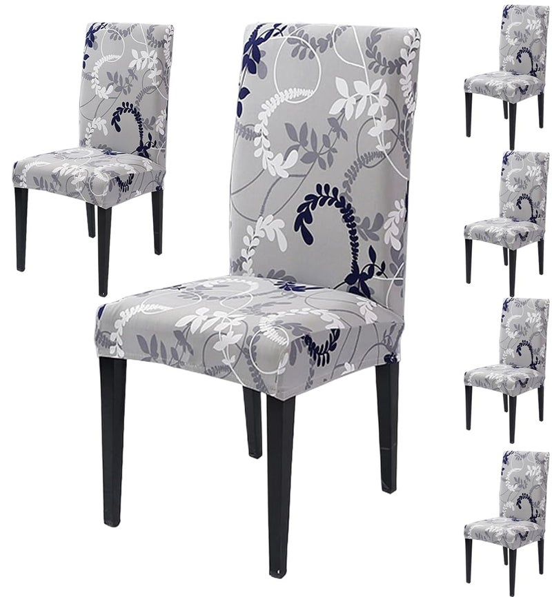 Styleys Chair Covers for Dining Room Stretch Dining Chair Cover Washable Spandex Kitchen Chair Slipcovers Set of 6 Leaves Grey SD3213 - Image 1