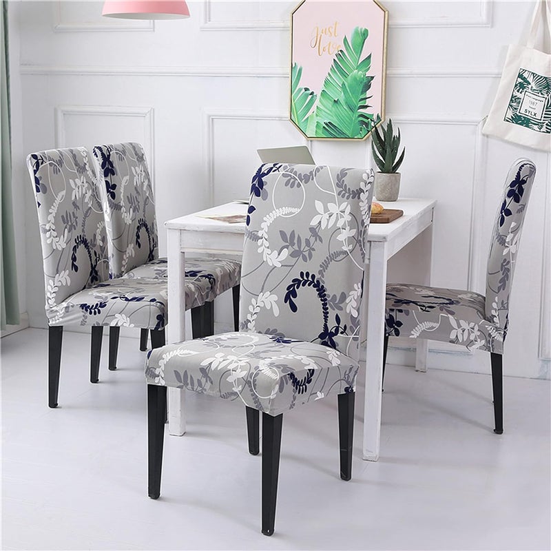 Styleys Chair Covers for Dining Room Stretch Dining Chair Cover Washable Spandex Kitchen Chair Slipcovers Set of 6 Leaves Grey SD3213 - Image 2
