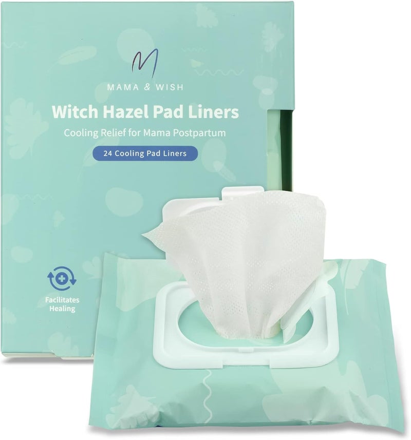 Mama & Wish Witch Hazel Pad Liners for Postpartum Care (24 Count) | Full-Length Cooling Perineal Pads Liner | Postpartum Essentials | Ice Pads Postpartum Liner - Witch Hazel Pads for Postpartum Care