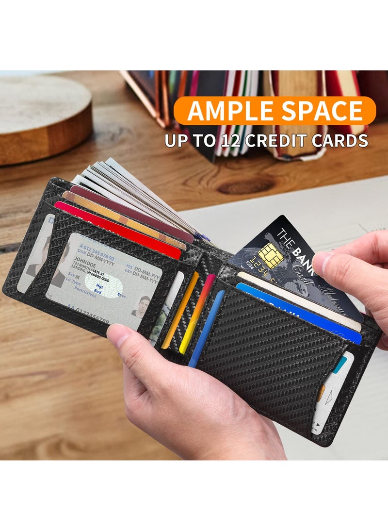 Excefore Wallet for Men, Minimalist Bifold Airtags Wallet Compatible with Apple Air Tags, Slim RFID Blocking Men's Wallet Case Holder, Larger Capacity Up to 12 Credit Cards with Gift Box, Carbon Fiber  - Image 4