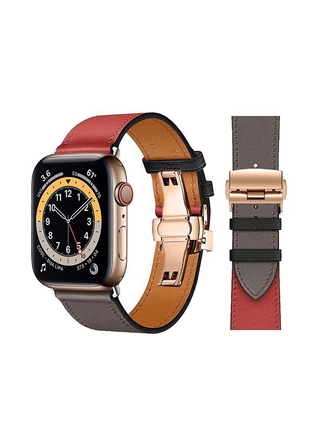 Perfii Genuine Leather Replacement Band with Golden Buckle for Apple Watch Series 6/SE/5/4/3/2/1 44/42mm Red/Grey - Image 1