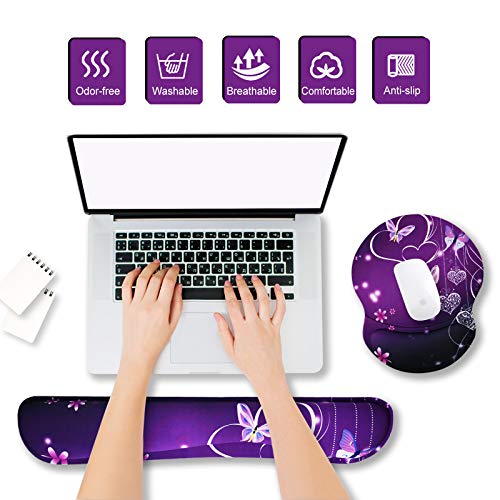 ArtSo Upgraded Wrist Rest Support for Mouse Pad & Keyboard, Ergonomic Gel Mousepad Non-Slip Rubber Base Home,Office Pain Relief, Easy Typing Cushion Neoprene, Soft Memory Foam, Purple Heart Butterfly - Image 2