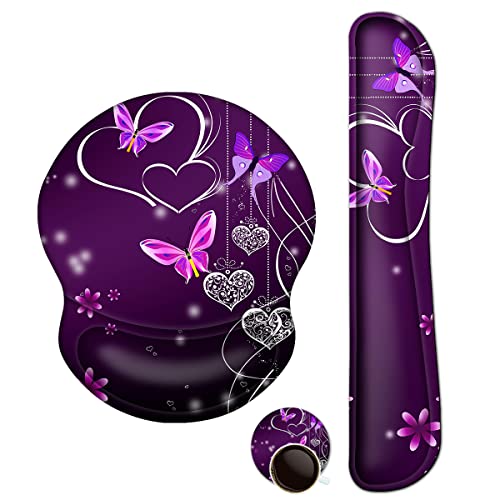 ArtSo Upgraded Wrist Rest Support for Mouse Pad & Keyboard, Ergonomic Gel Mousepad Non-Slip Rubber Base Home,Office Pain Relief, Easy Typing Cushion Neoprene, Soft Memory Foam, Purple Heart Butterfly - Image 1