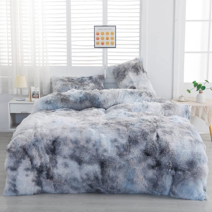 FAUX FUR TIEDYED BLACK WHITE GRAY COLORFUL COMFORTER SETS KING 3PC BED SET ULTRA SOFT PLUSH FLANNEL VELVET FLUFFY FUZZY BEDDINGCOMFORTER X 1 PILLOWCASES X 2