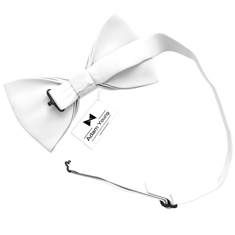 Adam Young Boy's White Bow Tie Pre-Tied Style Formal Satin Classic Bowtie for Tuxedo Faux Silk (Medium, White) - Image 3