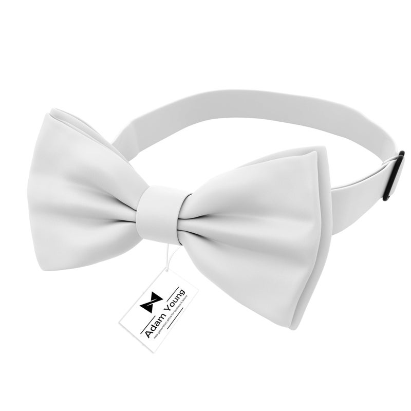 Adam Young Boy's White Bow Tie Pre-Tied Style Formal Satin Classic Bowtie for Tuxedo Faux Silk (Medium, White) - Image 2