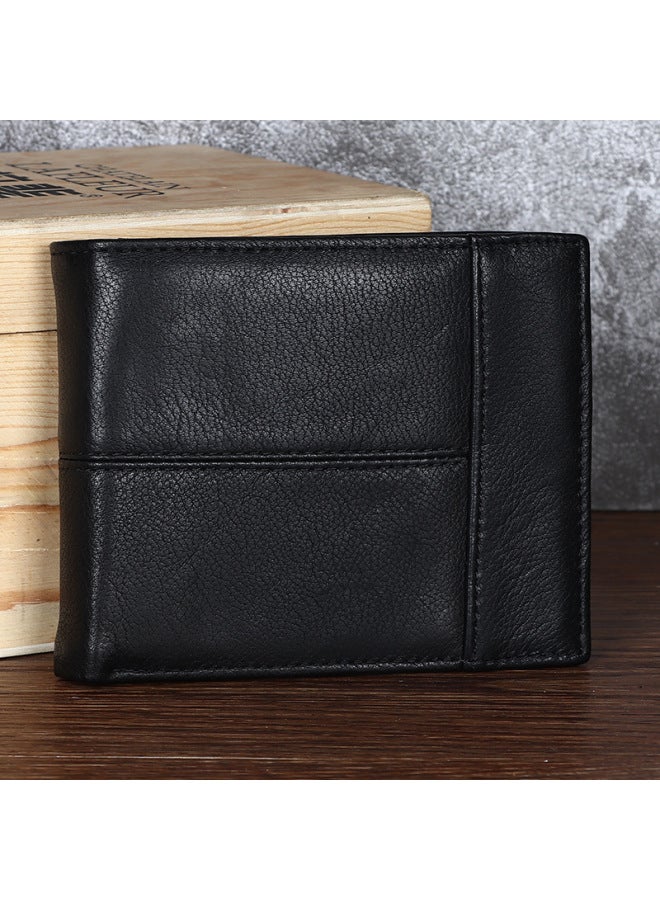 Guangzhou Men's Wallet Leather Short Horizontal 30% Folding Wallet And American Style Retro Wallet Head Layer Cowhide Bag-Color:Black  - Image 1