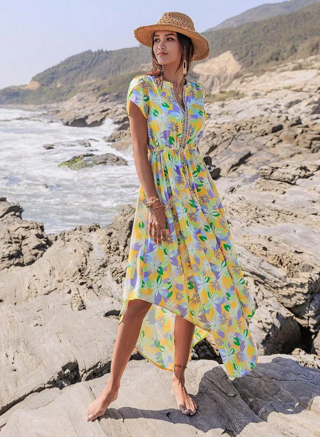 Take Two Take Two Floral Printed V-Neck Short Sleeve Maxi Dress