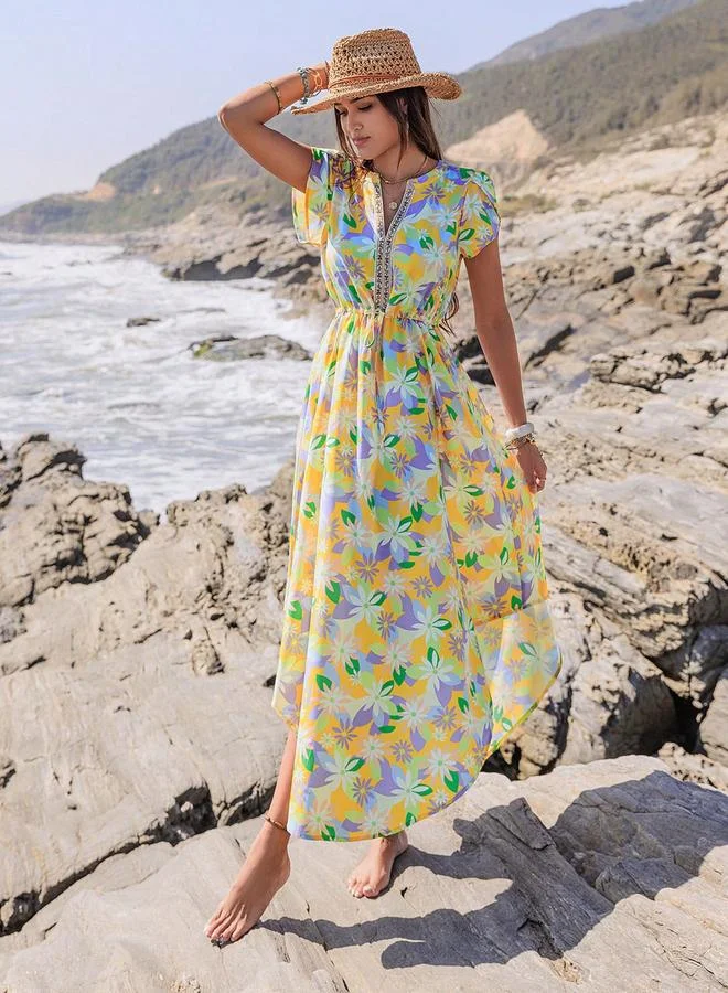 Take Two Take Two Floral Printed V-Neck Short Sleeve Maxi Dress
