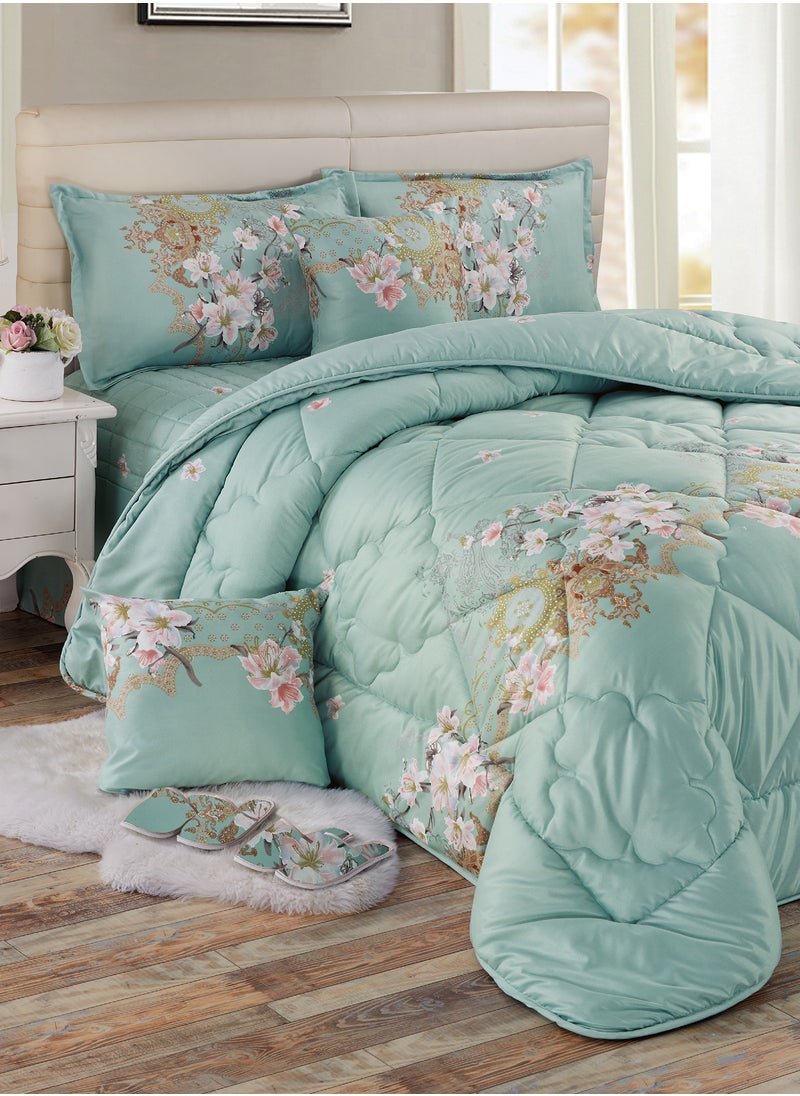Moon - Bed In A Bag Medium Filling King Size Comforter Set, 10 Pcs Floral Bedding Set Size 220 X 240 Cm with Comforter, Quilted Bed Skirt, Pillowcases, Cushion & Bedroom Slipper, Multicolor - Image 1