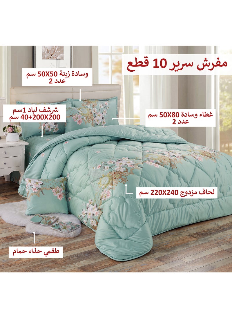 Moon - Bed In A Bag Medium Filling King Size Comforter Set, 10 Pcs Floral Bedding Set Size 220 X 240 Cm with Comforter, Quilted Bed Skirt, Pillowcases, Cushion & Bedroom Slipper, Multicolor - Image 1