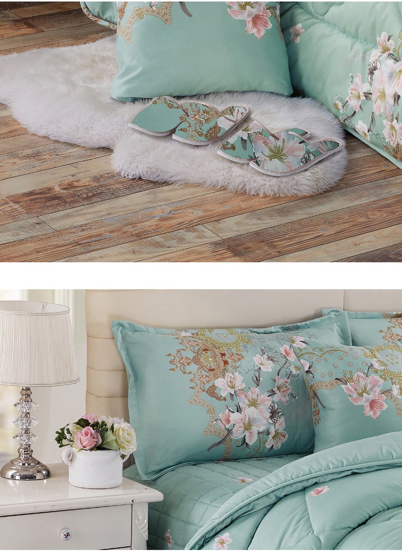 Moon - Bed In A Bag Medium Filling King Size Comforter Set, 10 Pcs Floral Bedding Set Size 220 X 240 Cm with Comforter, Quilted Bed Skirt, Pillowcases, Cushion & Bedroom Slipper, Multicolor - Image 1