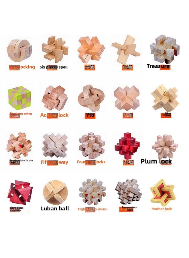 Luban Lock Children Kong Ming Lock Nine Chain Beneficial Intelligence Development For Boys And Girls Adult Assembled Toy Gifts-Color:[Deluxe] Lotus Wood 20-piece Set  - Image 1