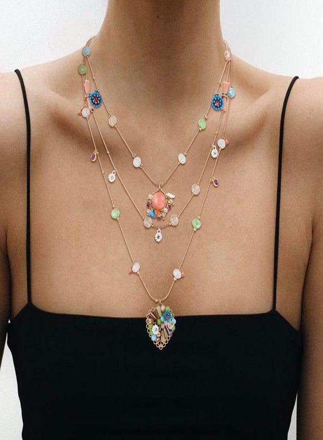 بريلوف قلادة بريلوف المصنوعة يدويًا للنساء، قلادة بوهيمية مزينة بالخرز على شكل قلب متعدد الطبقات، مثالية لفصل الصيف والعطلات وحفلات التخرج، بلون ذهبي ملون. - Image 2