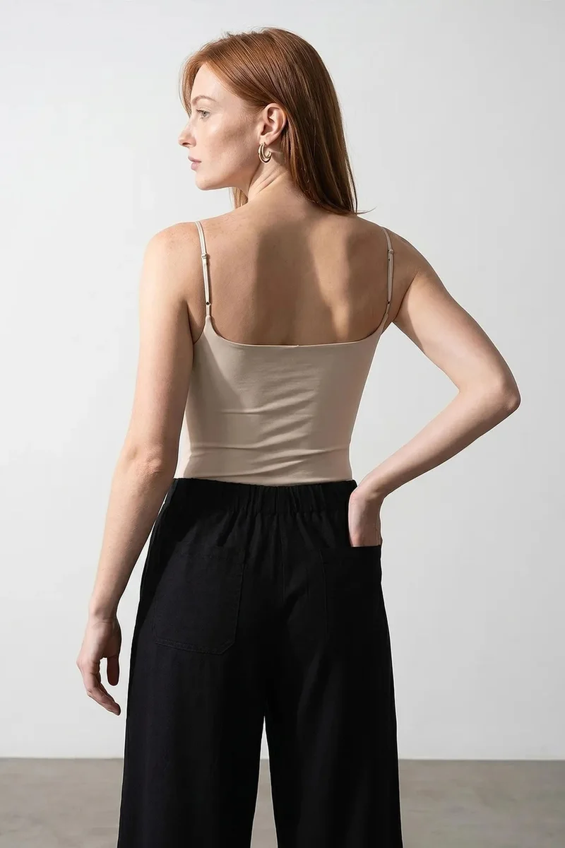 Dilvin Beige Natural DILVIN Sleeveless Square-neck Nylon Bodysuit for Women | Best Price UAE