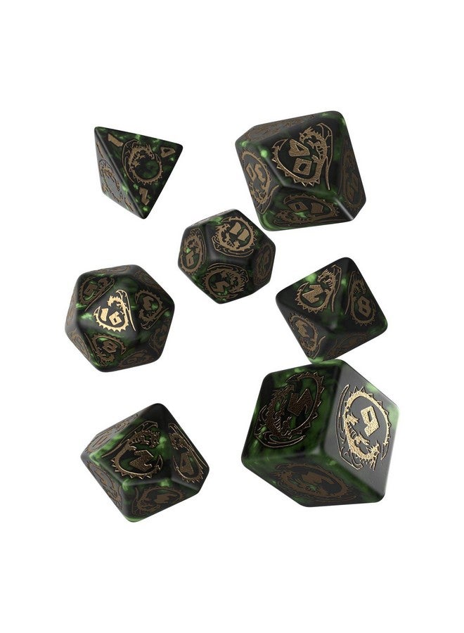 Q WORKSHOP Dragon Bottle Green & Gold RPG Ornamented Dice Set 7 Polyhedral Pieces - Image 1