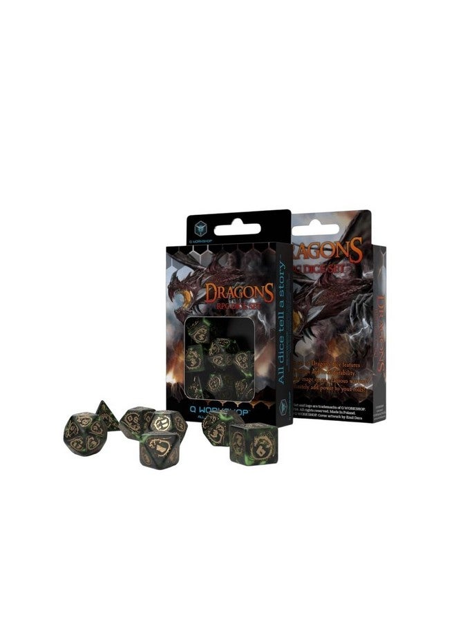 Q WORKSHOP Dragon Bottle Green & Gold RPG Ornamented Dice Set 7 Polyhedral Pieces - Image 3