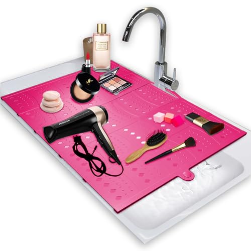 BRIAN & DANY Makeup Mat for Sink, Bathroom Sink Cover for Counter Space, Foldable Silicone Sink Mat Organizer Countertop RV Space Saver, Pink, 19.3" x 15.5" - Image 1