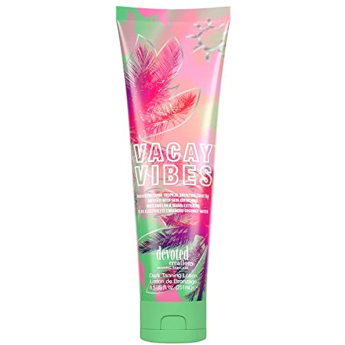 Devoted Creations Vacay Vibes Tanning Lotion  IndoorOutdoor Tropical Bronzing Cocktail Infused with Skin Quenching Watermelon and Guava Extracts plus Electrolyte Enhanced Coconut Water  85 oz
