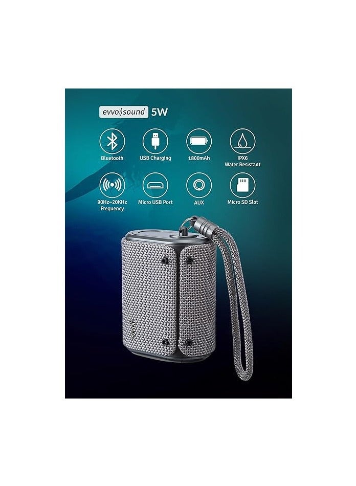 إيفولي مكبر صوت بلوتوث داخلي وخارجي مقاوم للماء 5 واط مع ميكروفون مدمج، رمادي، EVAUD-MB5A - Image 4