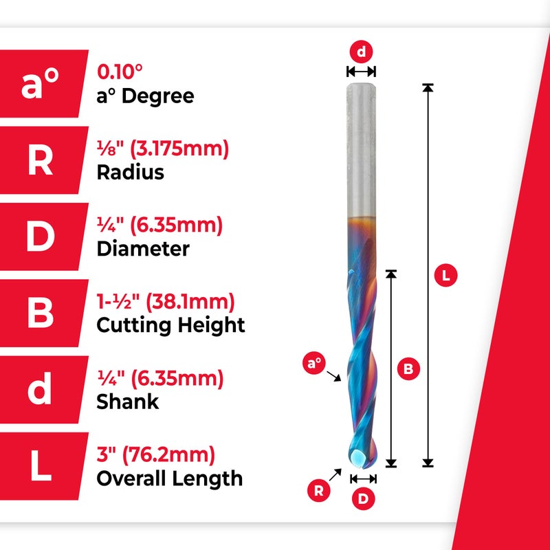 Amana Tool Carbide Up Cut Spiral CNC Router Bits for 2D/3D Carving, 46294-K, 0.10 Deg Straight Angle Ball Tip 1/4 D x 1/8 R x 1-1/2 x 1/4 Sh 2 Flute - Image 4