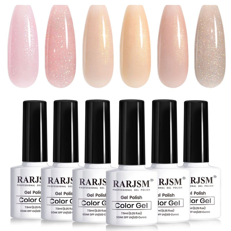 RARJSM Glitter Nude Gel Polish 6pcs Set Pale Pink Milky Jelly Cashmere Pink Beige Apricot Champagne Brown Shimmer Iridescent Holographic Gel Nail Polish 7.5ml Translucent Natural Soak off UV LED Cured - Image 1