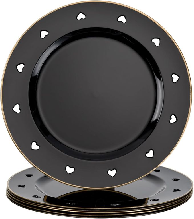 13 ROUND BLACK CHARGER PLATES HEART HOLLOW CHARGERS FOR DINNER PLATES WITH GOLDEN BORDER FORMAL TABLE SETTING ACCESSORY CENTERPIECE BLUK WEDDING VALENTINES DAY GALENTINES DAY SET OF 6