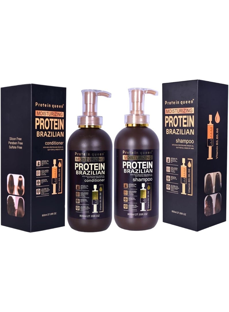 Protein Queen Brazilian Professional Hair Treatment Set, Keratine Moisturizing & Hair Loss Control, Repair, Nourishment. Featuring– SHAMPOO and CONDITIONER – Sulfate-Free, Protein-Rich Formula (2pcs Set) - Image 1